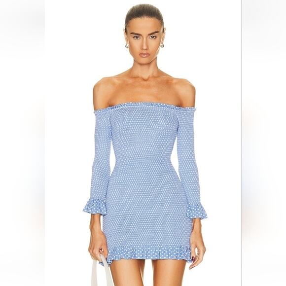 Caroline Constas Tilly Dress Blue White Mini Polka Dot Small Off the Shoulder - Picture 1 of 14